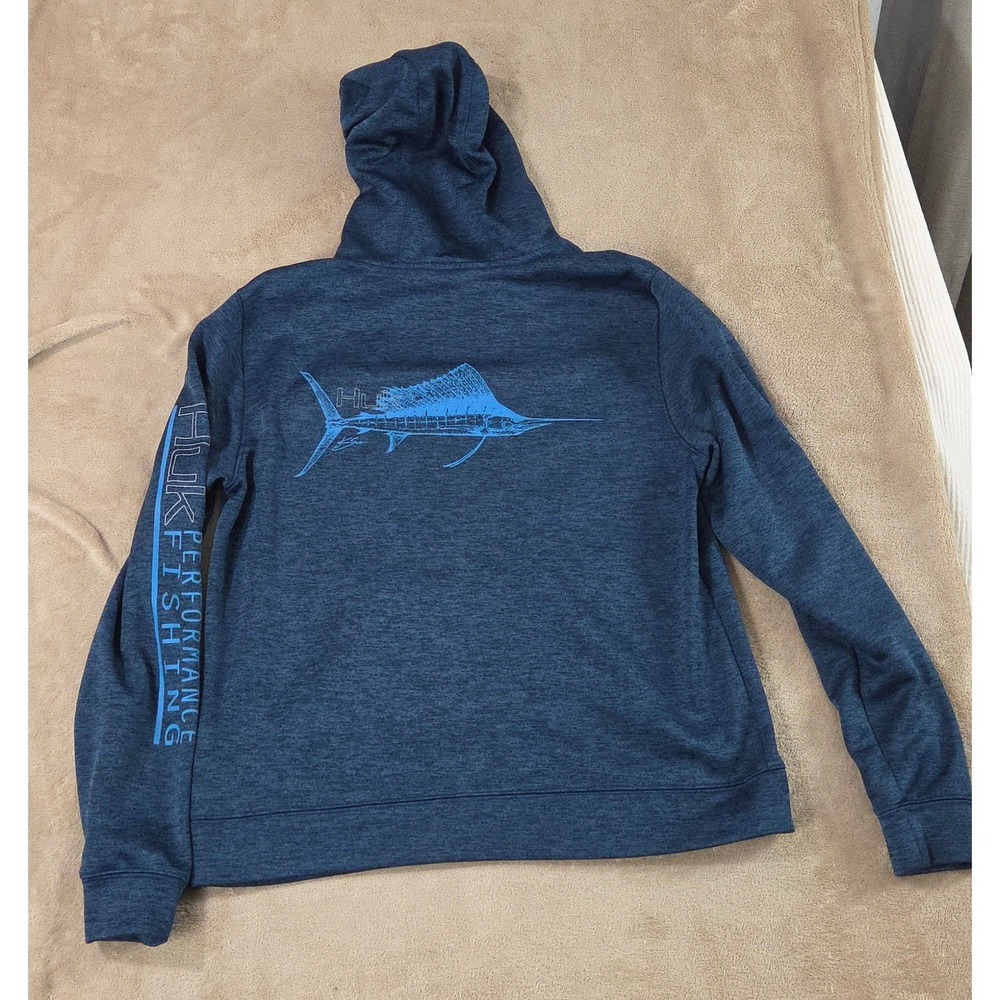 Huk Performance Fishing Sweatshirt Men Medium Blue Hooded Marlin Print Fish EUC‎
